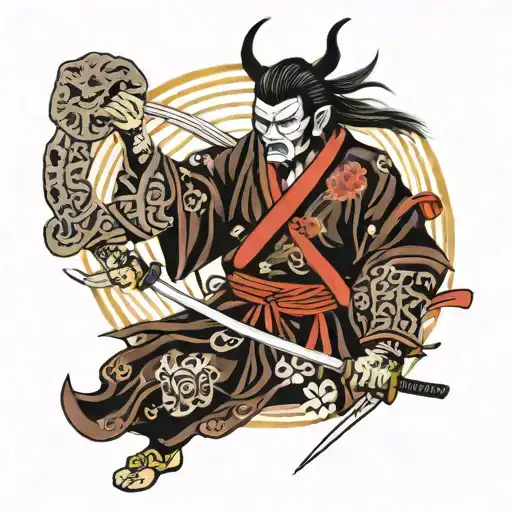 Samurai With Oni Mask Holding A Katana