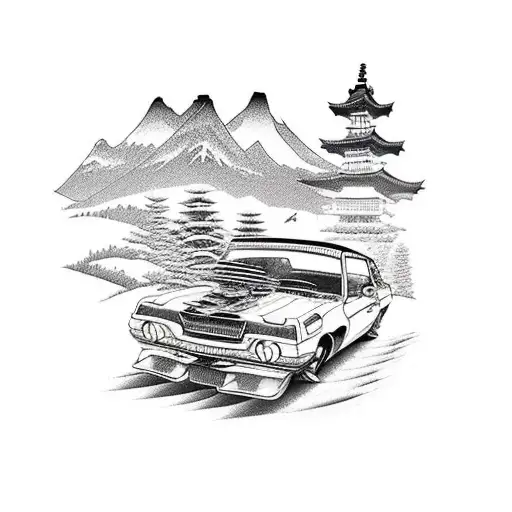 A Realistic Depiction Of A Retro Car Drifting On A Mountain Road In Japan