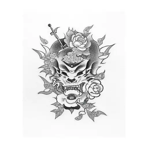 Hannya With Knife And Rose Under The Sakura Tree