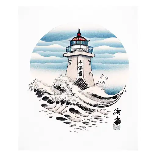 Dinghy In Waves By A Lighthouse