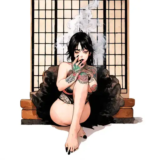 Girl In Underwear Smoking With Black Nail Polish On Her Feet