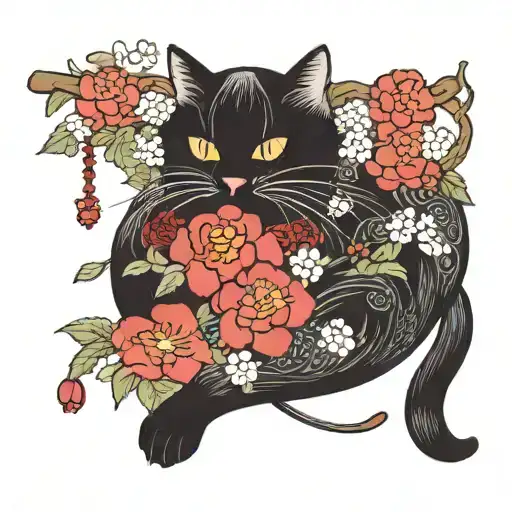 Short Hair Black Cat With A Curled Tail Napping With Cherry Blossums