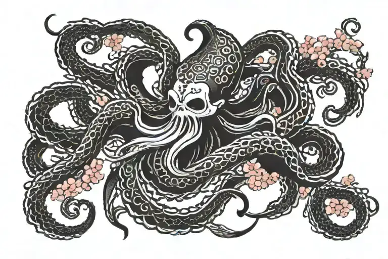Kraken Holding Trident Sakura Background Symbolizing