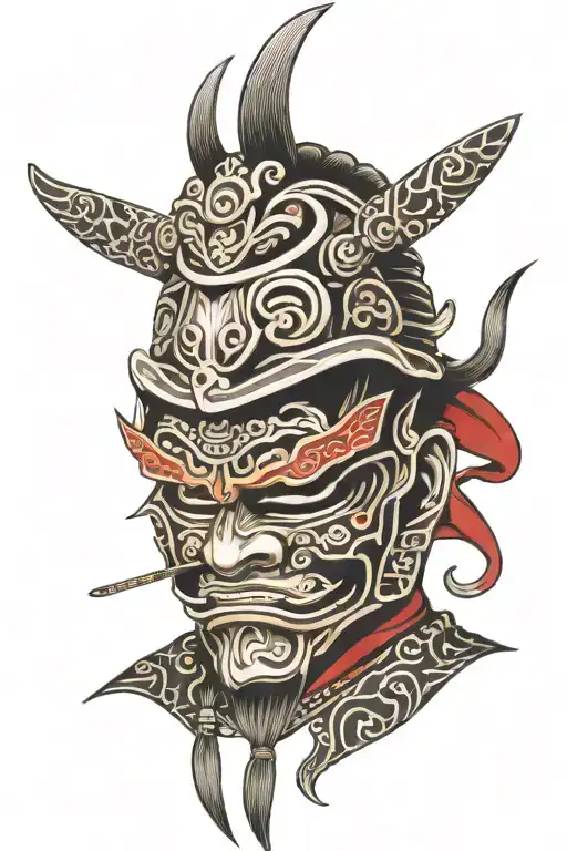 A Traditional Japanese Samurai Mask With Intricate Jdm Car Patterns Incorporated Into The Design