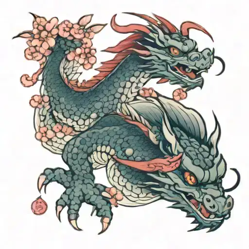 Red Dragon And Cherry Blossoms
