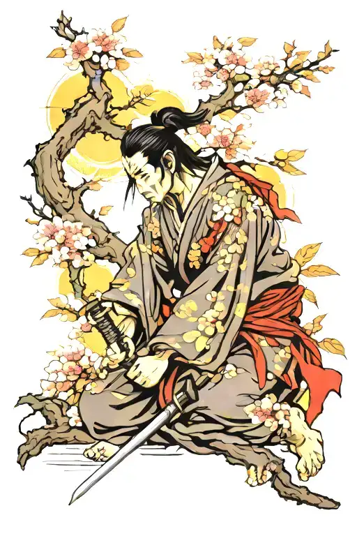 Samurai And Sakura Tree