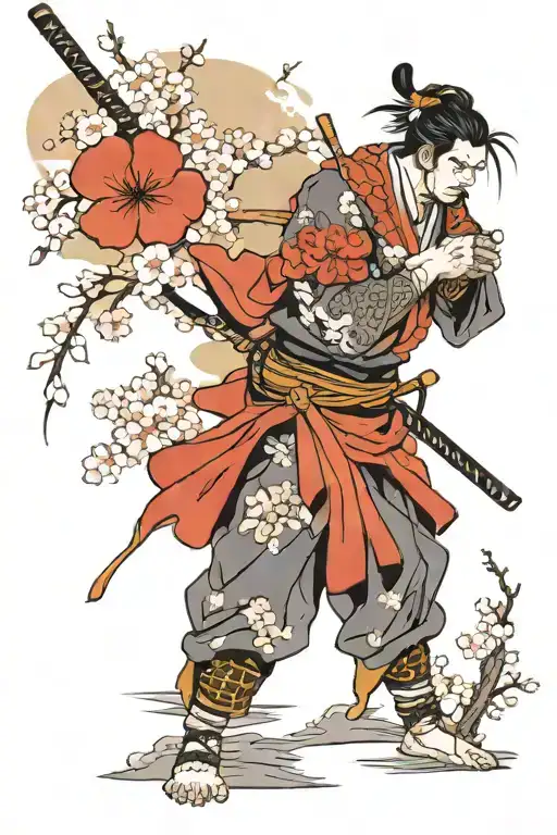 Samurai And Sakura Flowers