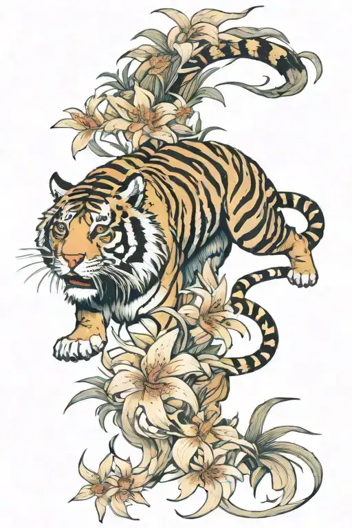 Full Body Tiger Surrounded By Spider Lillies Growing