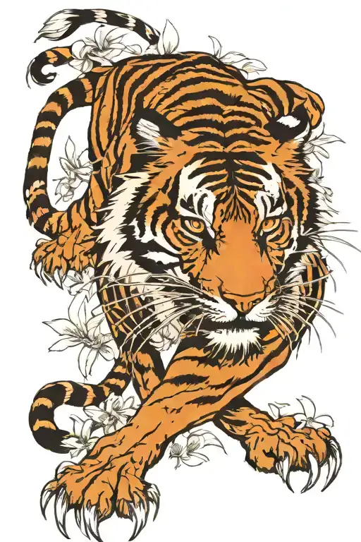 Strong Full Body Tiger Surrounded By Rough Looking Spider Lillies