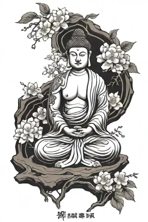 Buddha Meditating With Tiger And Cherry Blossom Tree