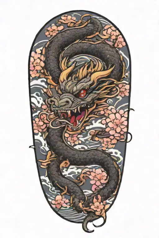 Dragon With Clouds And Cherry Blossom Flowers