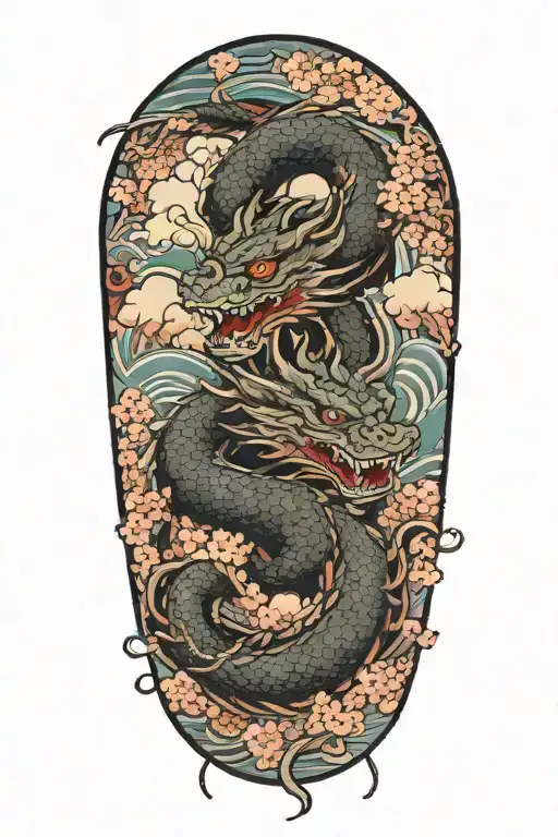 Dragon With Clouds And Cherry Blossom Flowers