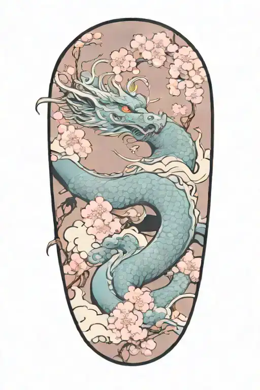 Dragon With Clouds And Cherry Blossom Flowers