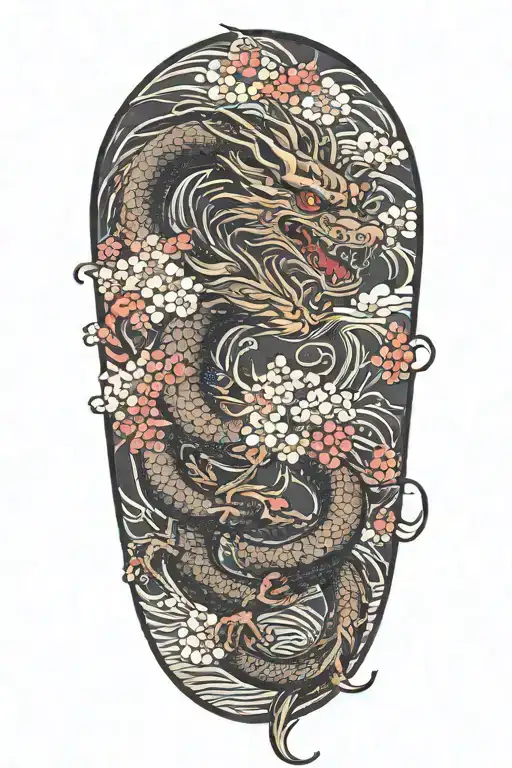 Dragon With Clouds And Cherry Blossom Flowers