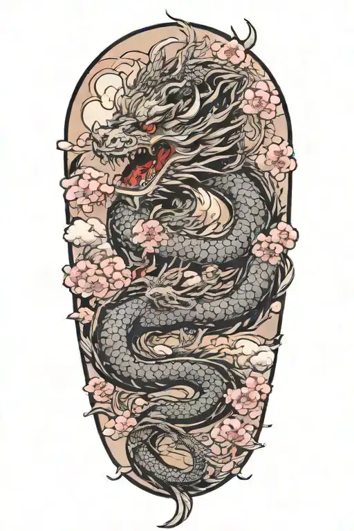 Dragon With Clouds And Cherry Blossom Flowers