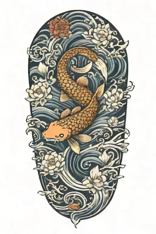 Koi Fish With Waves And Lotus Flower