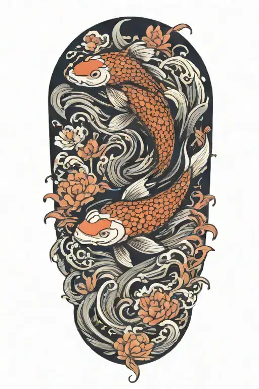 Koi Fish With Waves And Lotus Flower