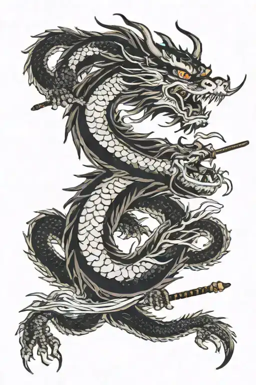 Chinese Dragon With A Going Around A Katana In The Middle