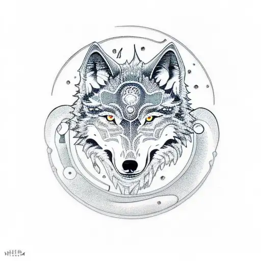 A Dotwork Tattoo Of A Robotic Wolf Howling At The Moon