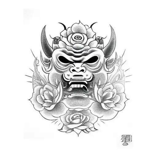 Oni Mask With Roses And Sun