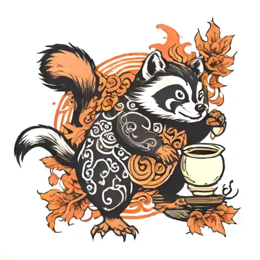 A Tanuki That Has Been Transformed Into A Teapot Surrounded By Fire