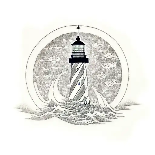 A Blackwork Tattoo Of A Lighthouse Guiding Ships At Night