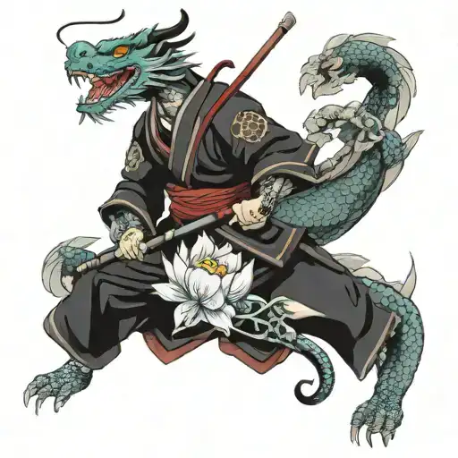 Samurai And Dragon With Lotus Flower