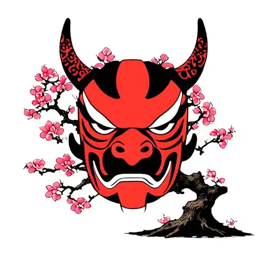 Sakura Tree With Bonsai With Oni Mask