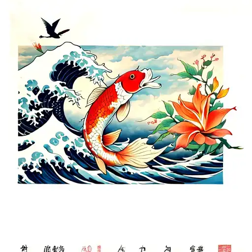 Japanese Style Koi Fish Half Sleeve Tattoo With The Great Wave And Birds Of Paradise Flowers