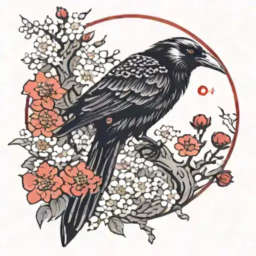 Eileen The Crow With Red Moon And White Flowers