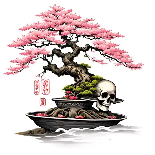 Sakura Tree With Bonsai With Skull Wearing