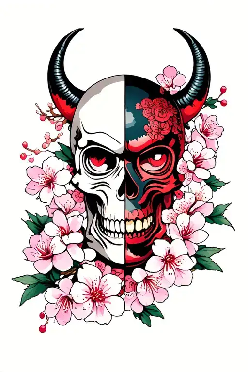 Skull Wearing Half Oni Mask Surrounded By Cherry Blossoms