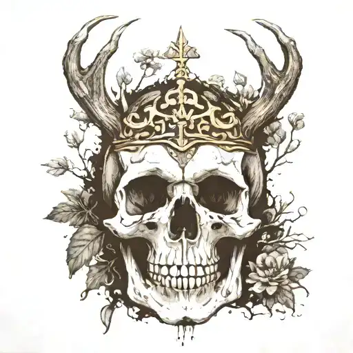 Skull Buried In Dirt In A Forest With A Crown Of Antlers