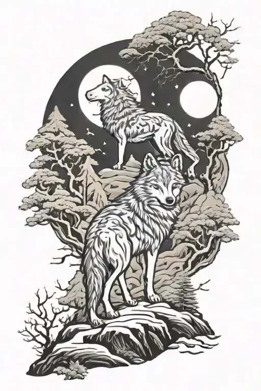 Wolf Moon And Forest Scene