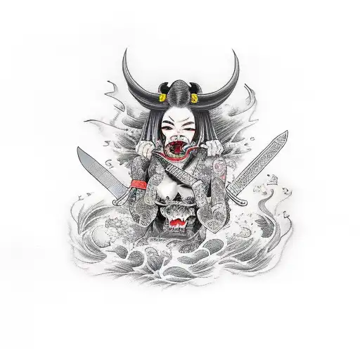 Female Demon With A Knife In Her Mouth With Fire