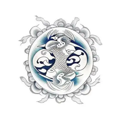 Yin And Yang Fish With Water And Flowers