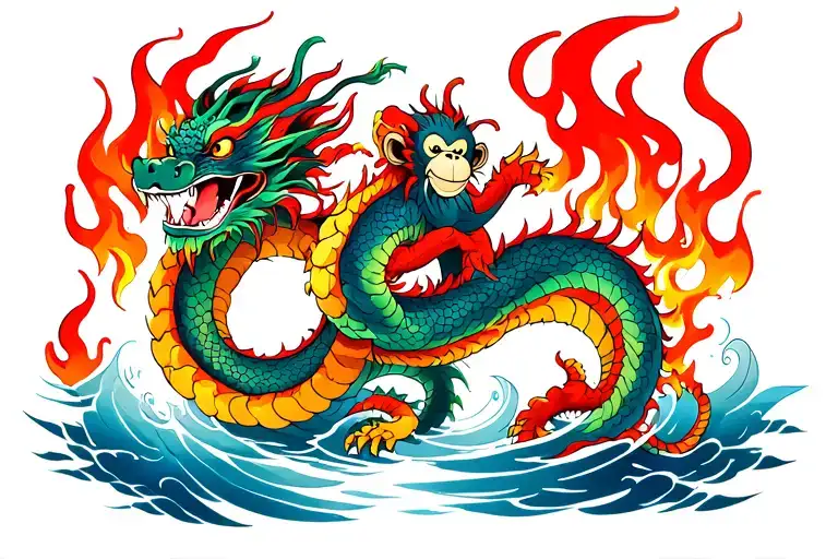 Dragon Wrapped Around Monkey In Water And Flames