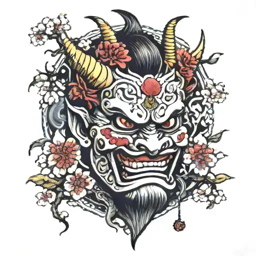 Cherry Blossoms Falling On To Oni Mask Surrounded By Spirits In Color