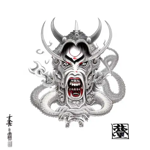 Female Demon With A Knife In Her Mouth With Fire