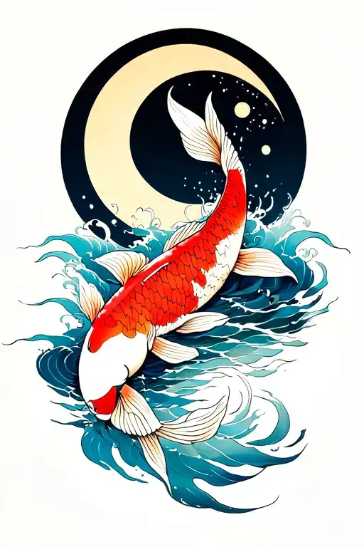 Koi Fish Swimming Alongside Sun And Moon