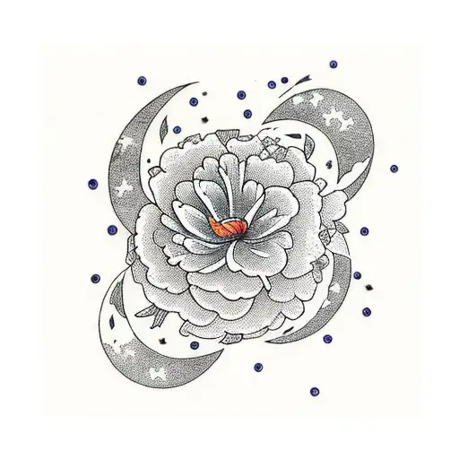 A Bunch Of Flowers With Moon On Top