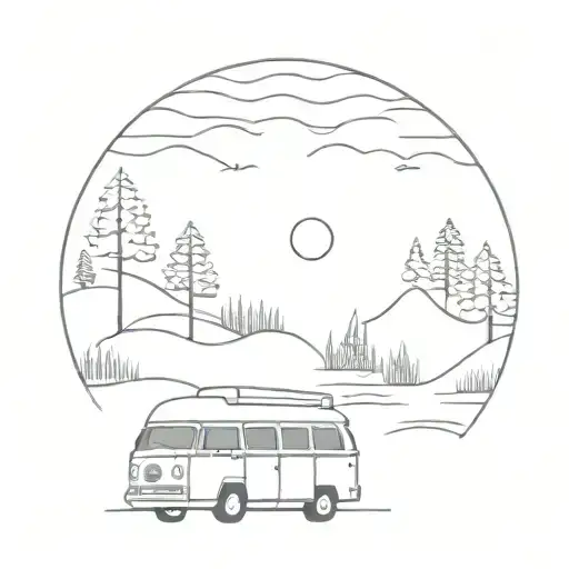 A Minimalist Tattoo Of A Serene Camping Scene With A Vw T4 Parked Near A River
