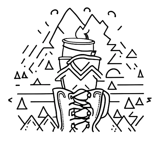 A Minimalist Tattoo Of A Hiking Boot Stepping On A Coffee Cup