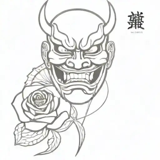 Japanese Devil Mask With A Snake And A Burning Rose In Its Mouth