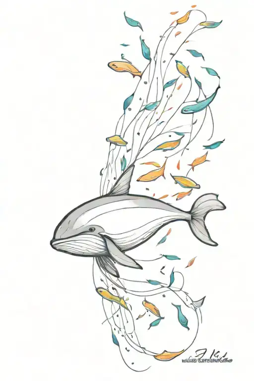 A Majestic Whale Swimming In The Deep Sea Surrounded By A School Of Colorful Fish