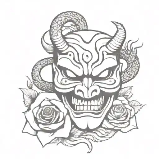 Japanese Devil Mask With A Snake And A Burning Rose