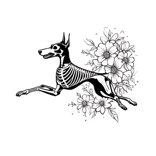 Skeleton Doberman Leaping With Flowers All Around It