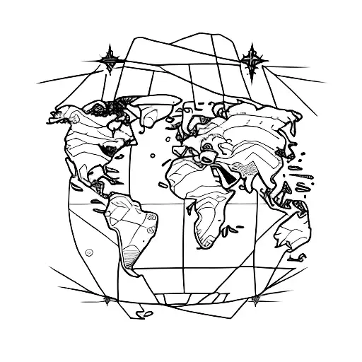 A Minimalist Tattoo Of A World Map With Healing Symbols Incorporated Into The Design