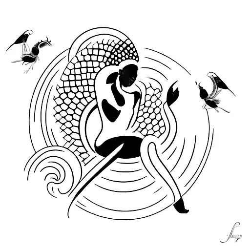 African Goddess Emerging From The Water With Sunflowers Floating Around Her