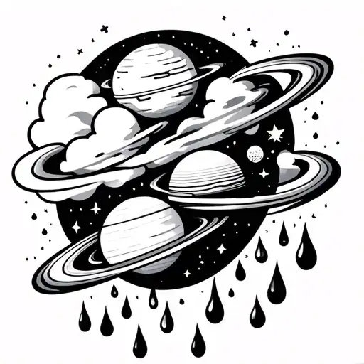 Rain Cloud With Simple Planets And Stars With Rain